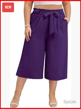 Plus Size Wide Leg Capri Pants High Waisted Crop Trousers with Pockets
